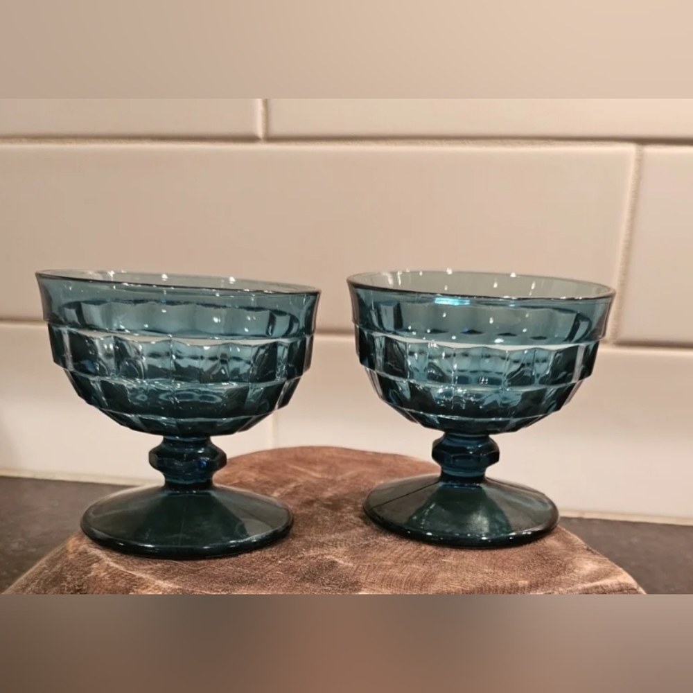 Vintage Indiana glass whitehall blue footed ice cream bowls set of 2